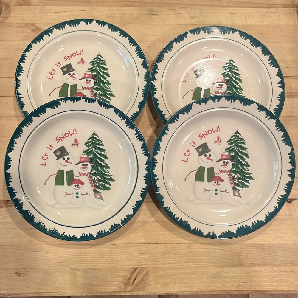 VTG Atico International 1998 Let it Snow (4) snowman Tree holiday Dinner plates